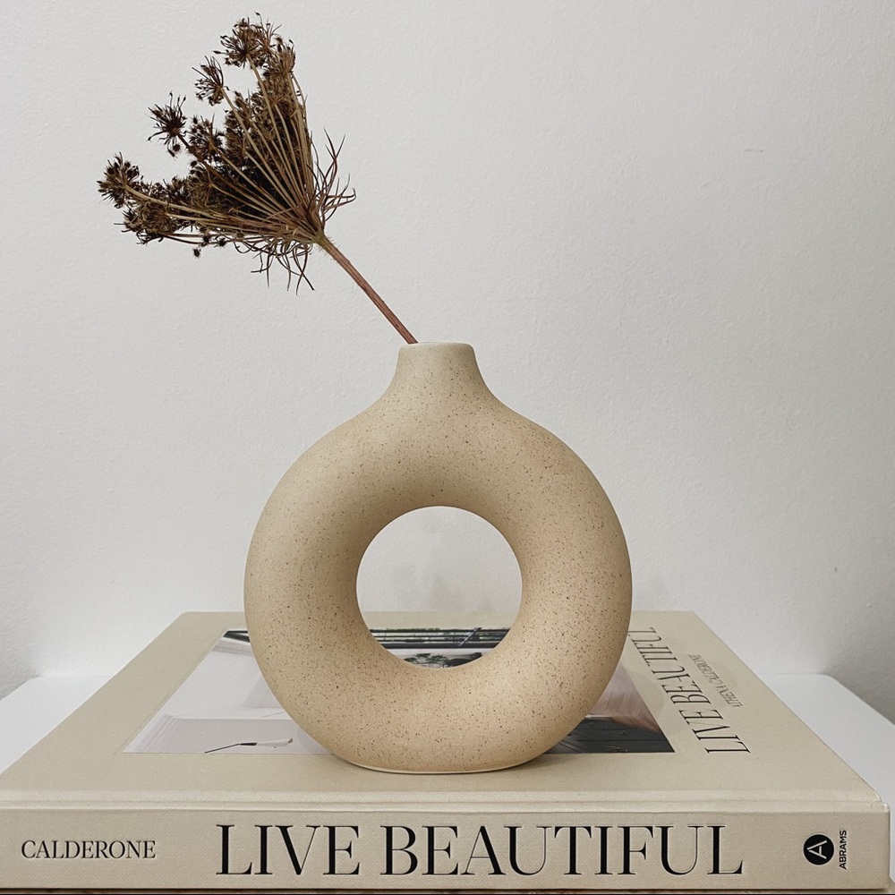 Nordic Tan Speckled Ceramic Round Donut Vase